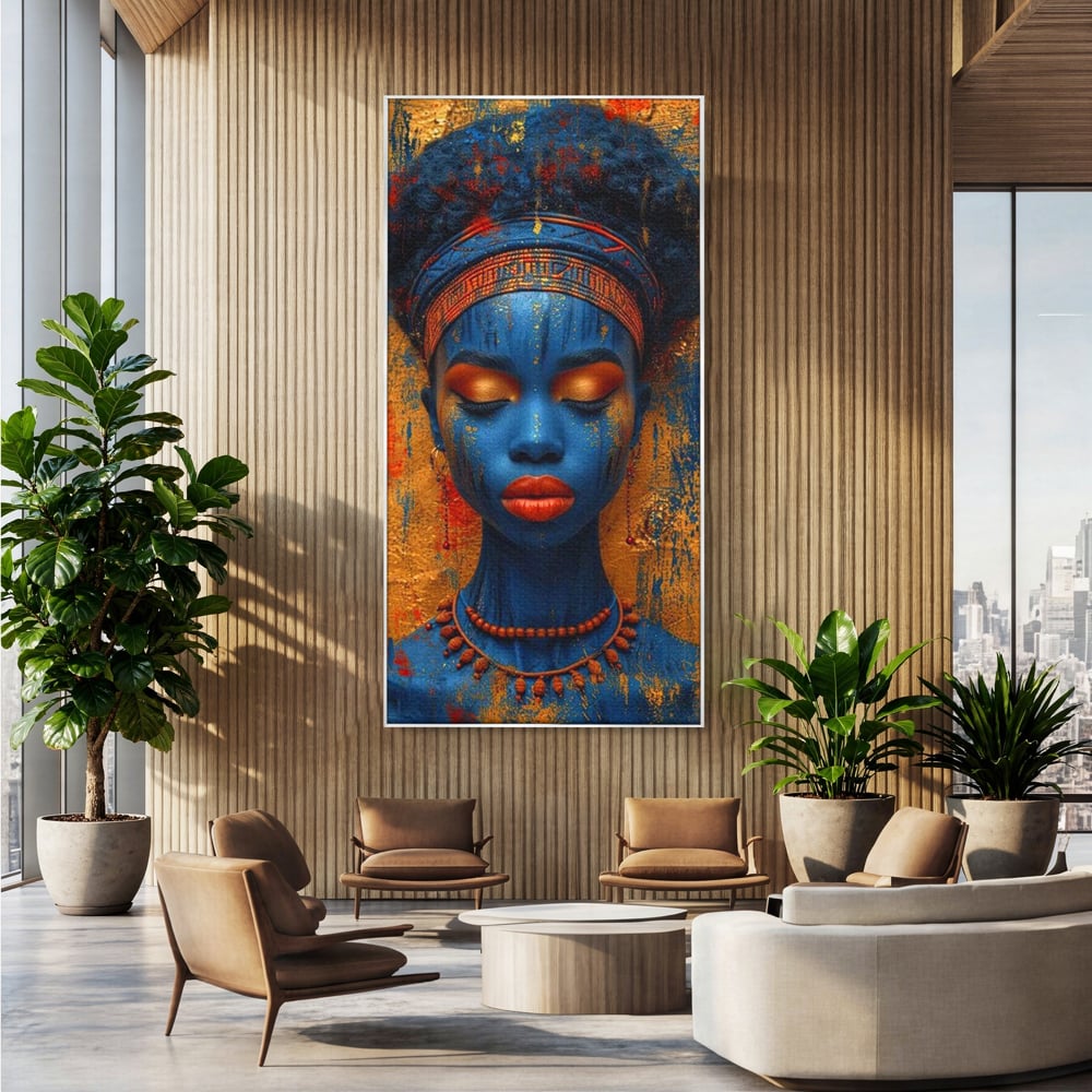 Tablou canvas cu portret de femeie cu piele albastra, in rama de aluminiu argintiu, pe perete intr-un birou